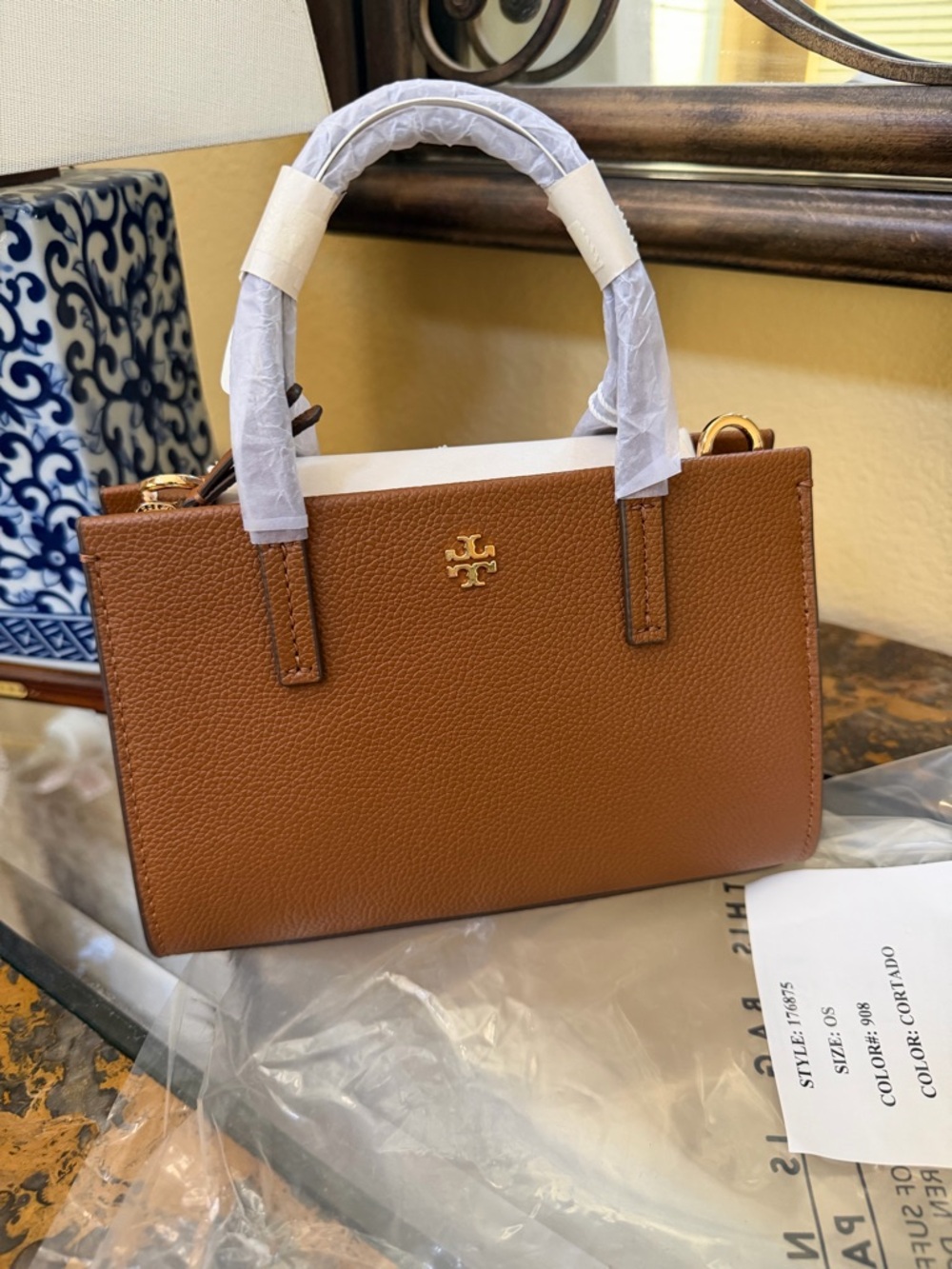 Tory Burch Caramel Brown Mini Satchel with Gold Logo